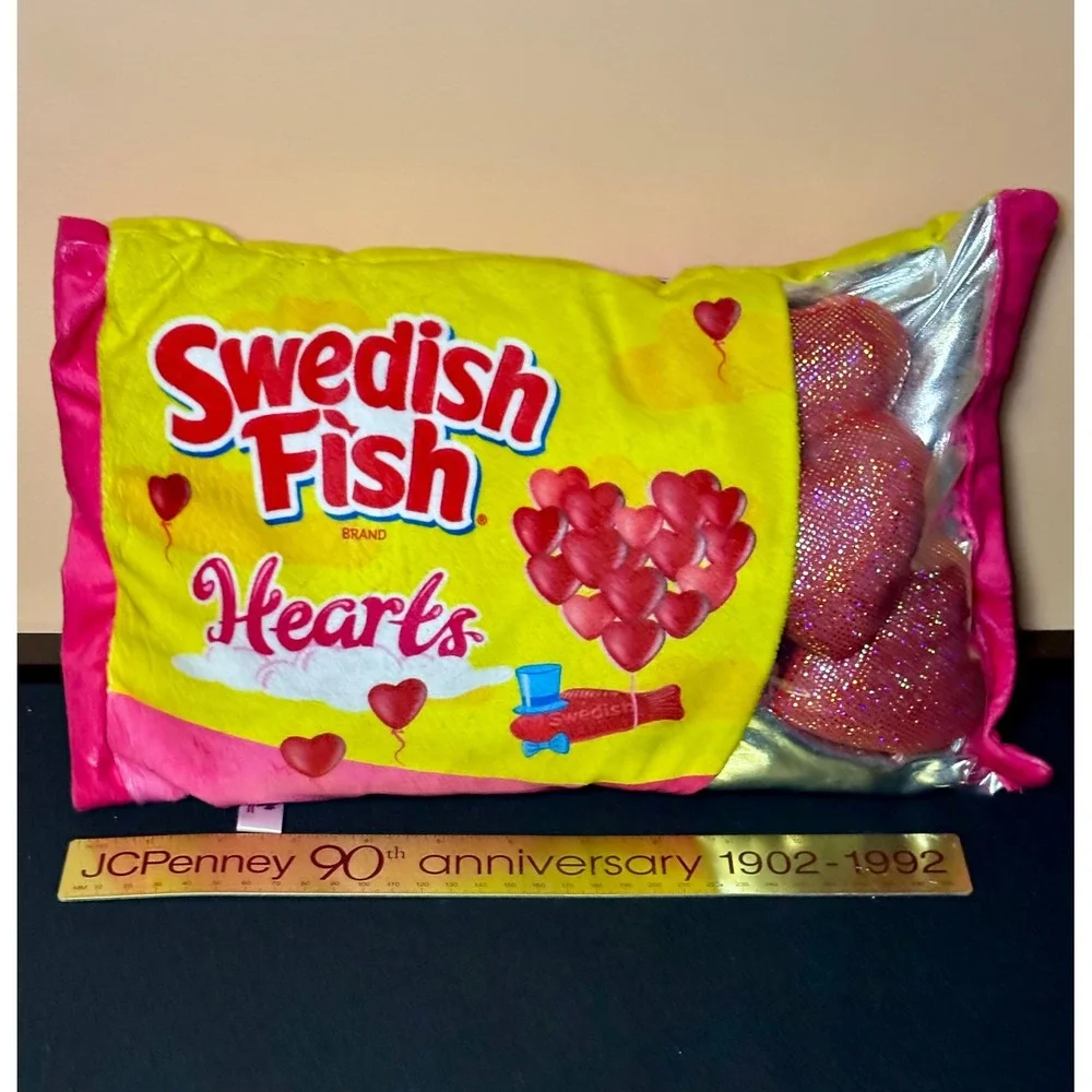 Iscream Swedish Fish Hearts Plush Pillow Yellow Pink Candy Bag with 4 Hearts